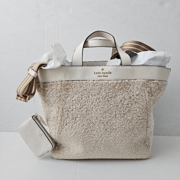 Women's Kate Spade Rosie Satchel Tote Faux Shearling Fur Bag Natural Color - Picture 4 of 14